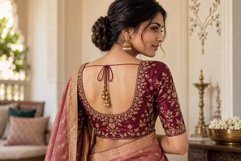 Burgundy embroidered blouse with a tie back