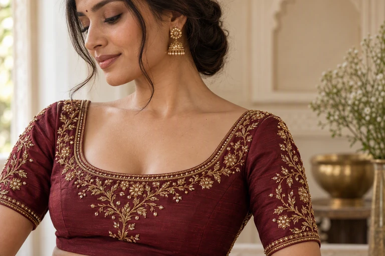 Close-up of gold embroidery on a designer blouse