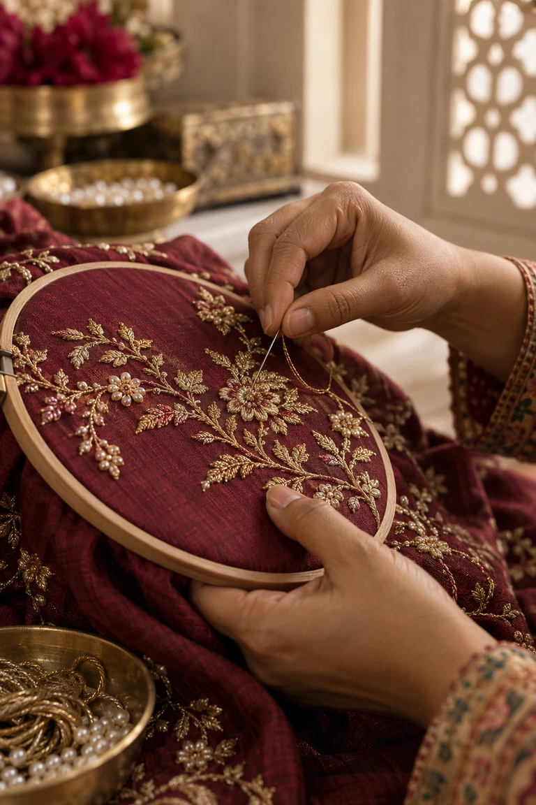 Artisan embroidery with gold thread and pearls