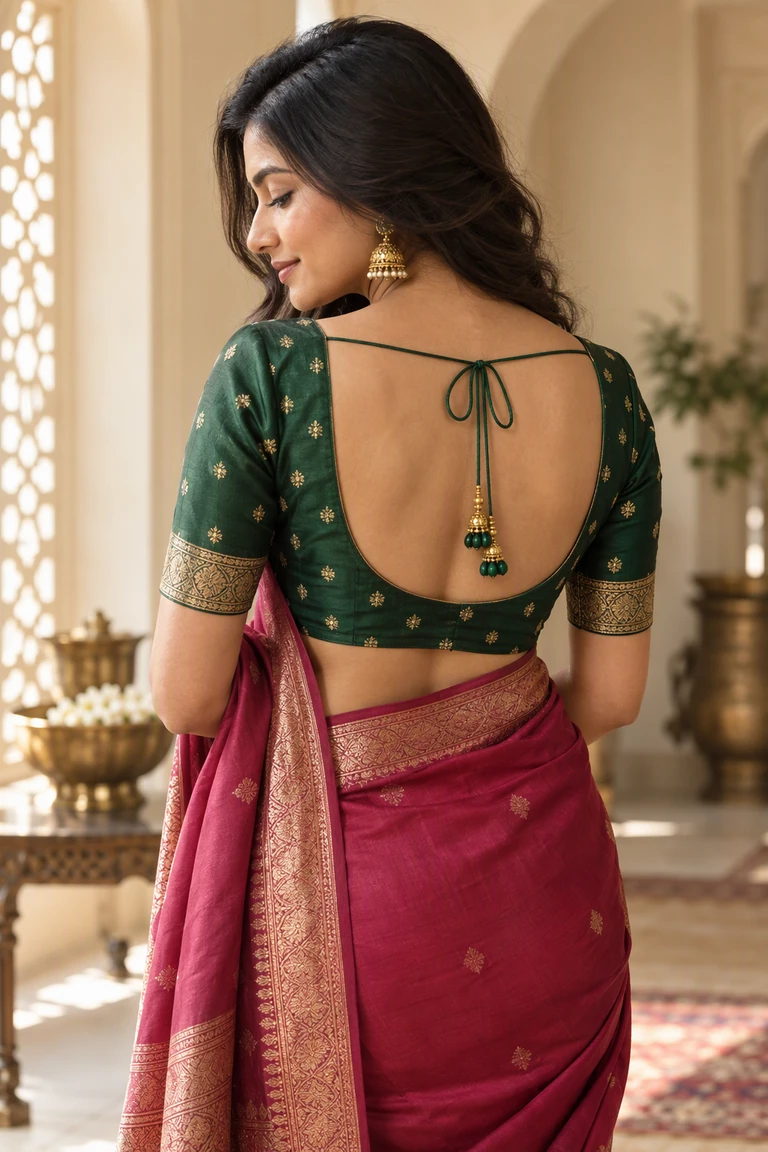 Emerald green blouse paired with a pink silk saree
