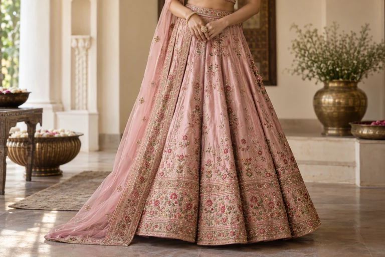 Pink lehenga with delicate floral embroidery