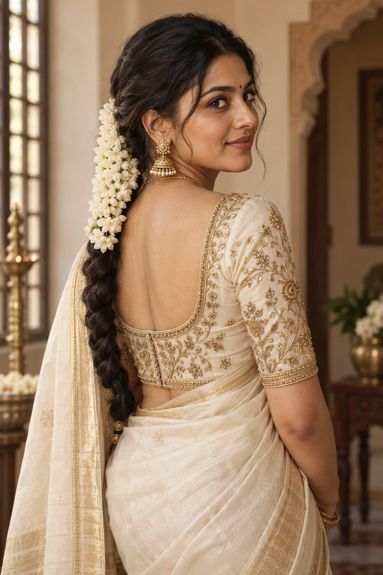 Ivory and gold bridal blouse with traditional jasmine hair flowers