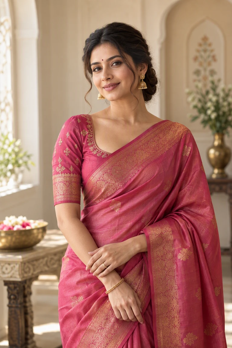Elegant pink saree styling