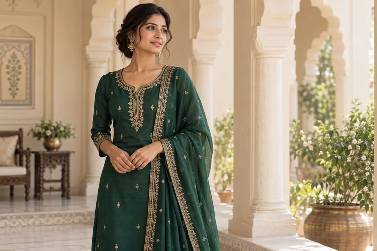 Emerald green salwar suit with gold details